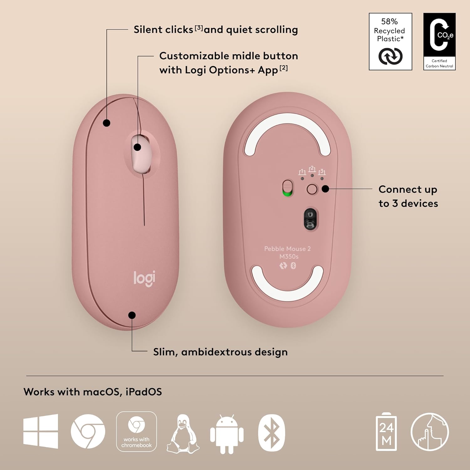 Logitech M350s Pebble Mouse 2 Slim Bluetooth Wireless Mouse