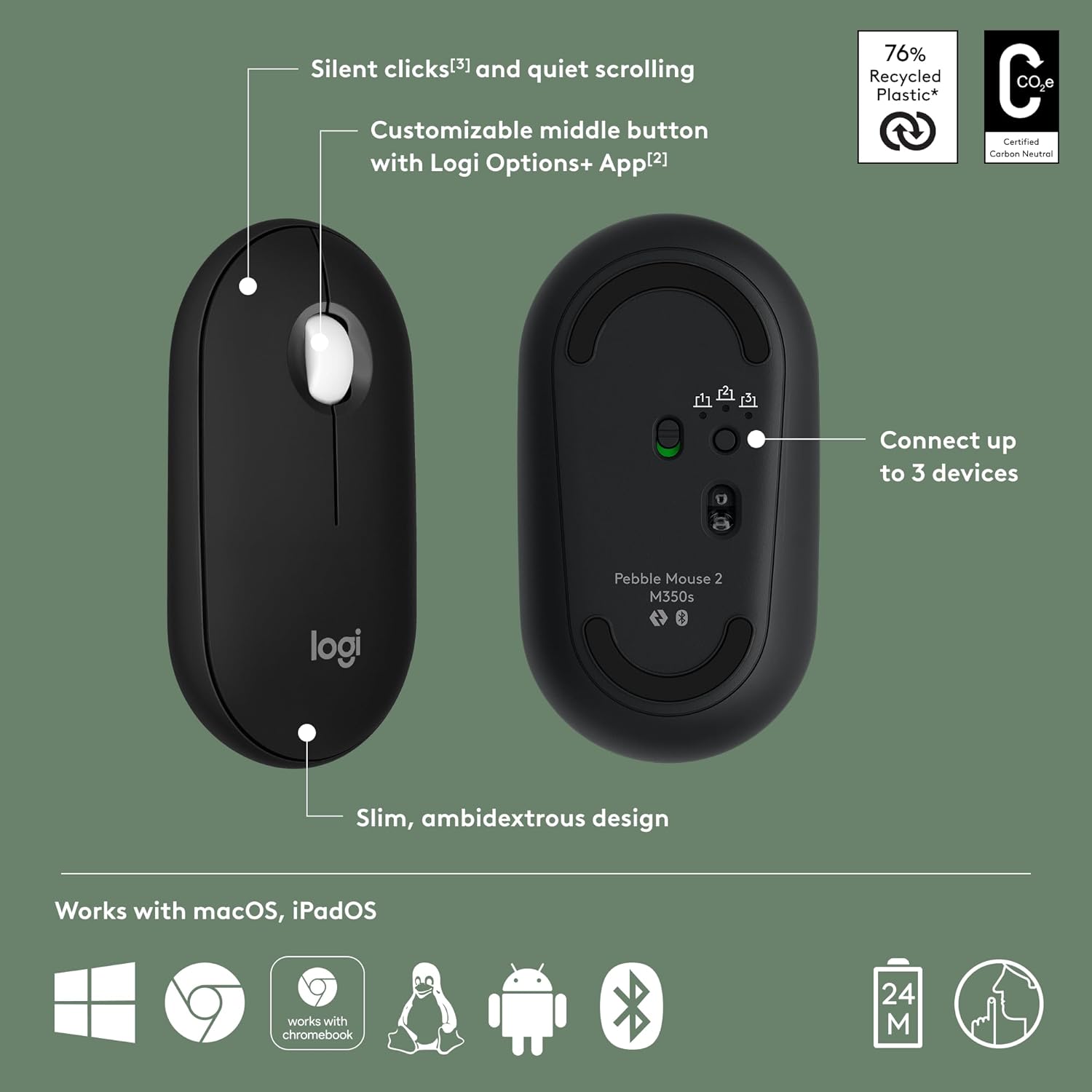 Logitech M350s Pebble Mouse 2 Slim Bluetooth Wireless Mouse