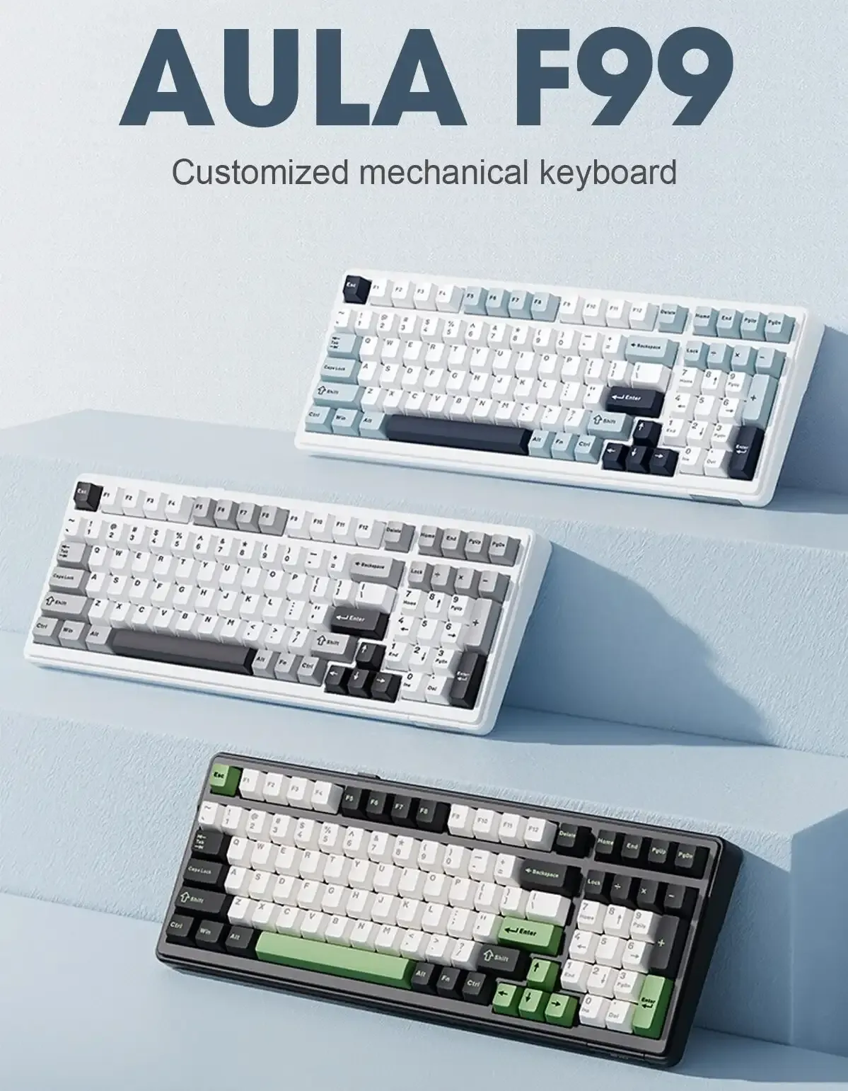 Aula F99 Tri Mode Gray Wood V3 Switch Purple Gaming Keyboard 