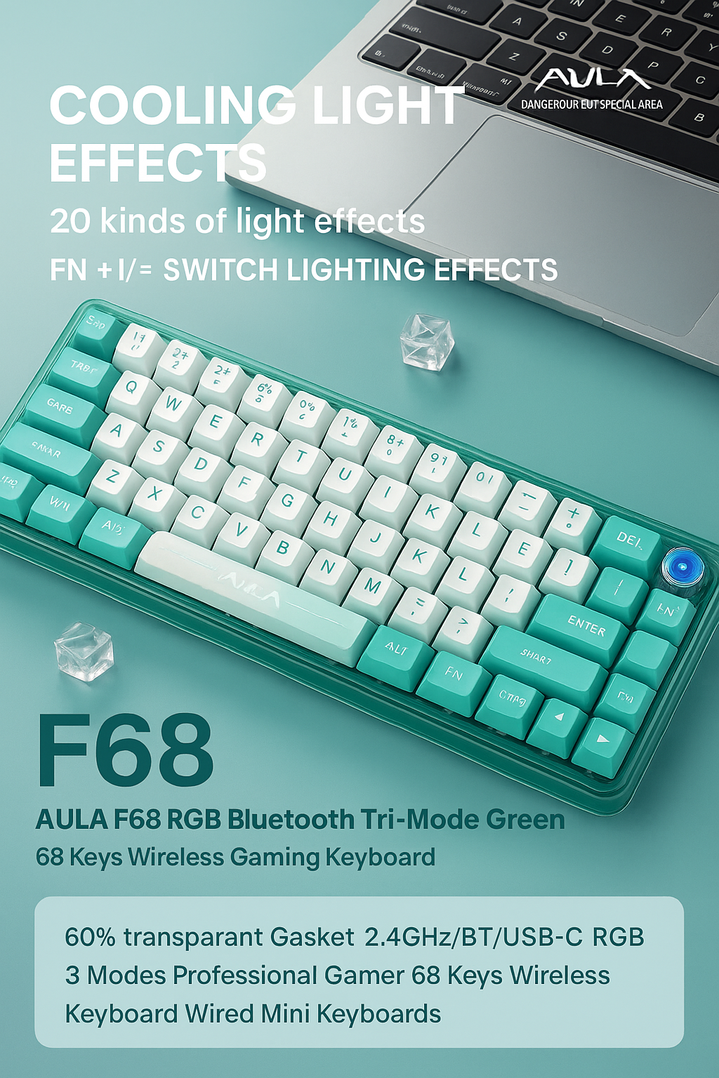 AULA F68 Hot Swappable White Switch Tri-mode Mechanical Gaming Keyboard
