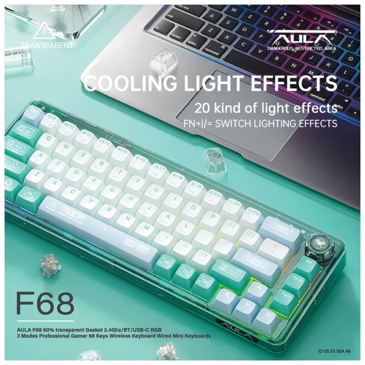 AULA F68 Hot Swappable White Switch Tri-mode Mechanical Gaming Keyboard