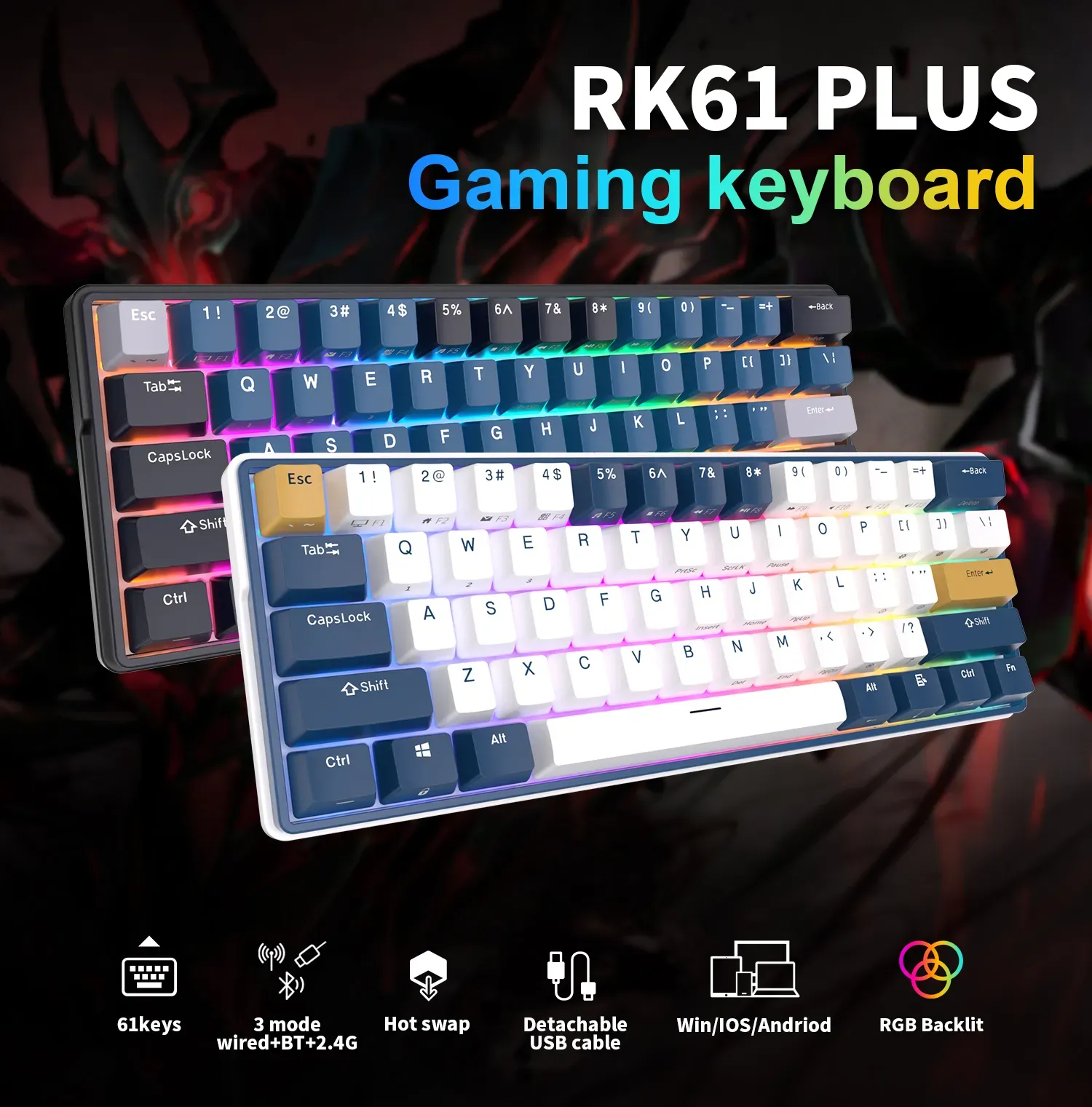 Royal Kludge RK61 Plus Tri Mode RGB Hotswappable Mechanical Gaming Keyboard